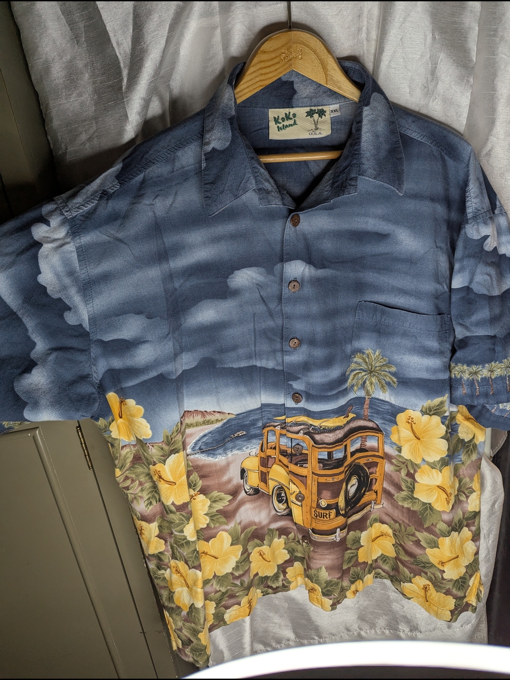Koko Island Men's Hawaiian Woody Surf Button-Up Shirt Blue XXL Short Sleeve